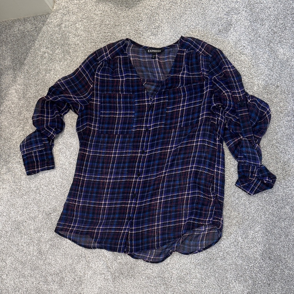 Express Women's Navy and Red Plaid Blouse